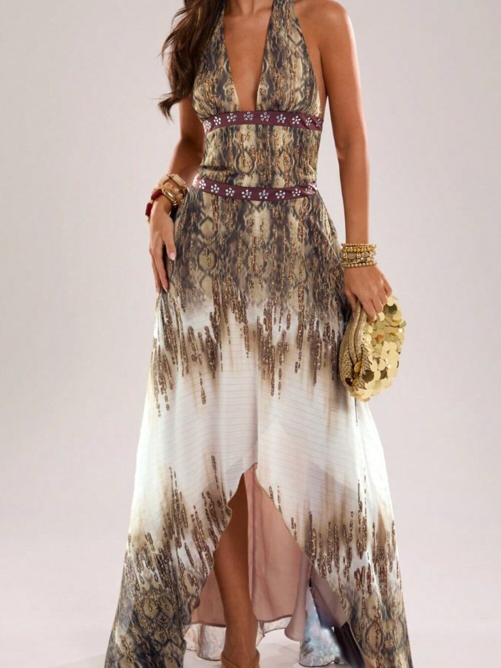 Brown Sexy Halter Neck Women's Gradient Shiny Leopard A-Line Dress